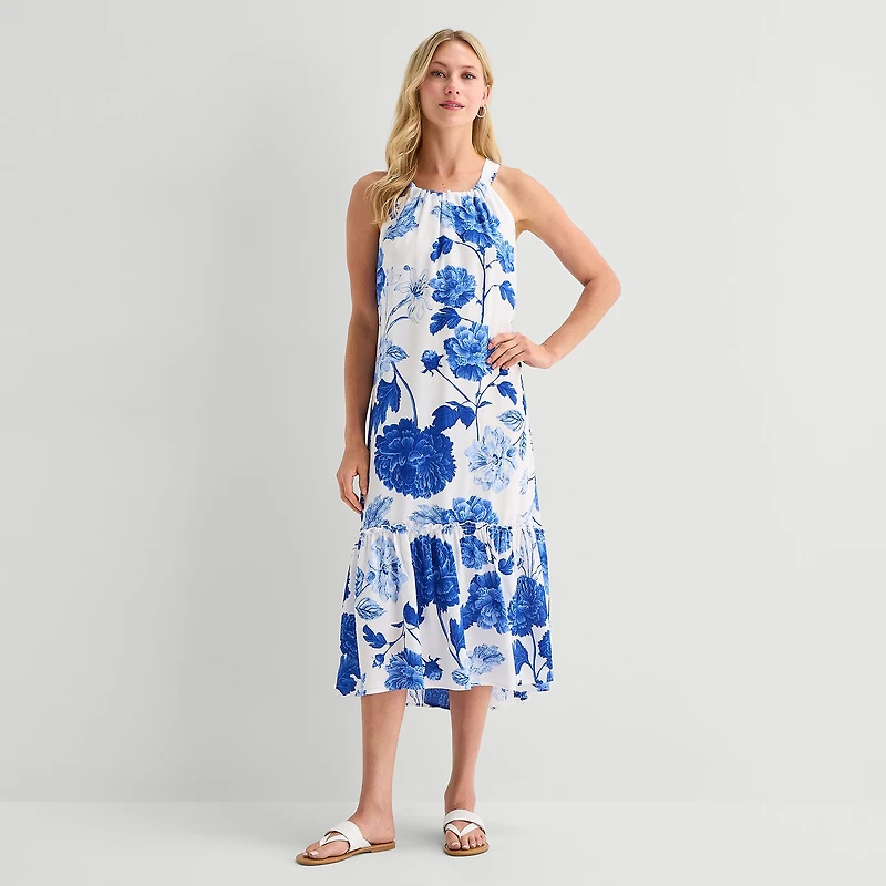 5th + Madison Edit Womens Petite Midi Round Neck Sleeveless Floral Fit Flare Dress
