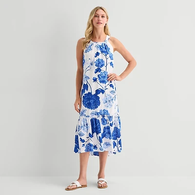 5th + Madison Edit Womens Petite Midi Round Neck Sleeveless Floral Fit Flare Dress