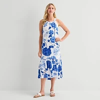 5th + Madison Edit Womens Petite Midi Round Neck Sleeveless Floral Fit Flare Dress