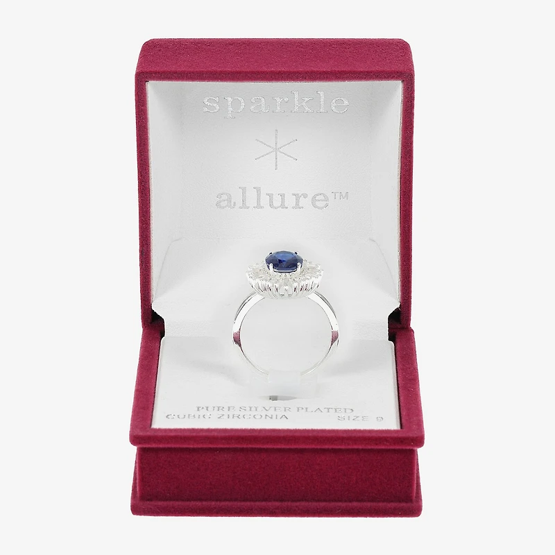 Sparkle Allure Womens Blue Crystal Pure Silver Over Brass Oval Cocktail Ring