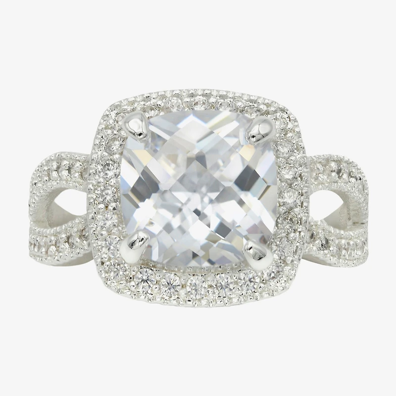 Sparkle Allure Womens Cubic Zirconia Pure Silver Over Brass Cushion Halo Engagement Ring