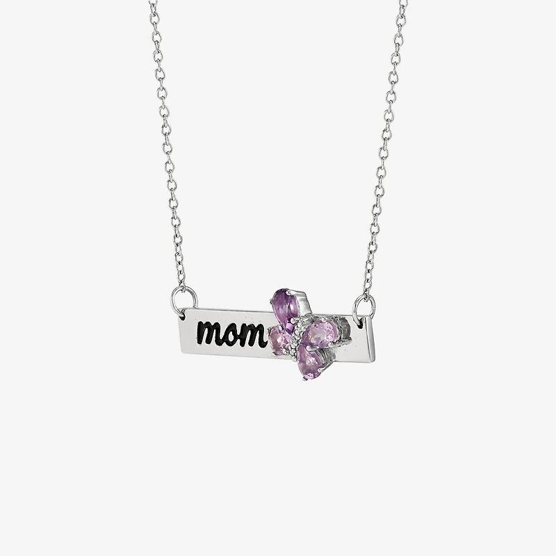 Limited Quantities! "Mom" Womens Diamond Accent Genuine Purple Amethyst Sterling Silver Bar Butterfly 18 Inch Pendant Necklace