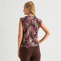 Black Label by Evan-Picone Womens Petite Round Neck Short Sleeve Blouse