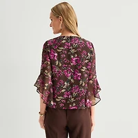 Black Label by Evan-Picone Womens Petite Round Neck 3/4 Sleeve Blouse