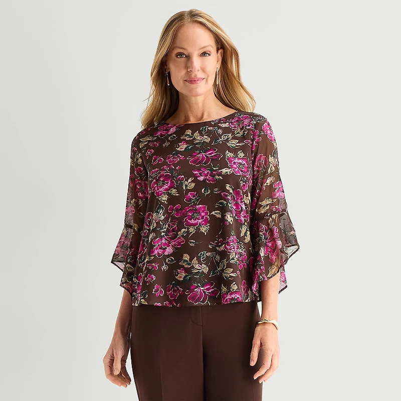 Black Label by Evan-Picone Womens Petite Round Neck 3/4 Sleeve Blouse