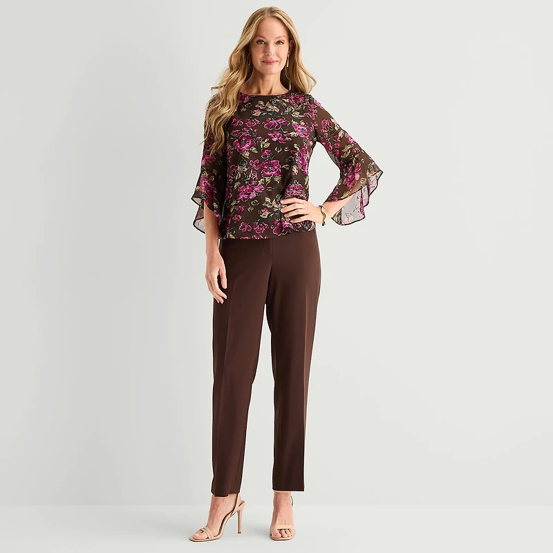 Black Label by Evan-Picone Womens Petite Round Neck 3/4 Sleeve Blouse