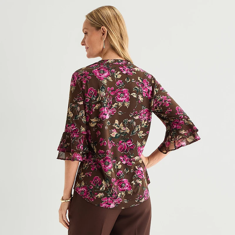 Black Label by Evan-Picone Womens Split Crew Neck 3/4 Sleeve Blouse