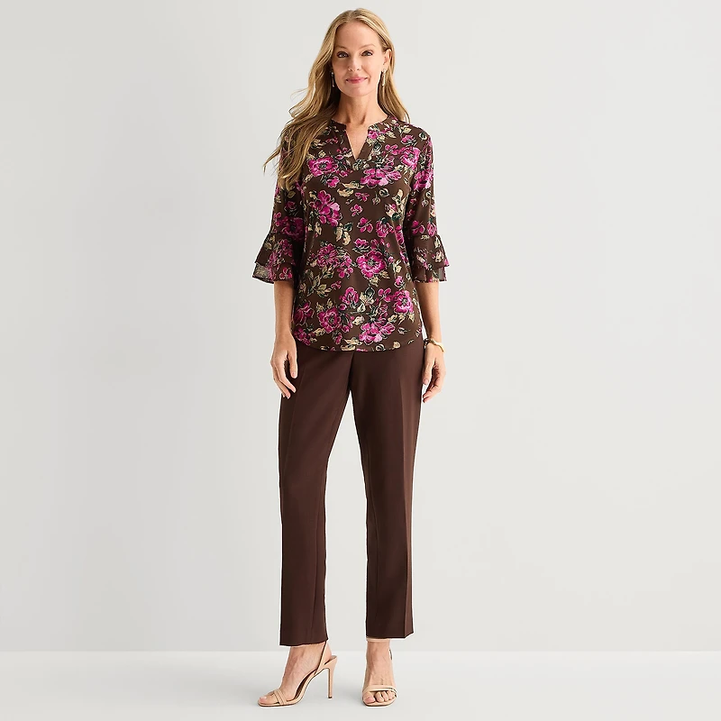 Black Label by Evan-Picone Womens Split Crew Neck 3/4 Sleeve Blouse