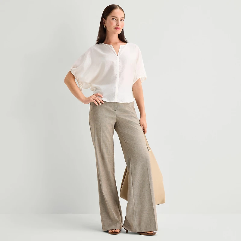 Worthington Womens Split Crew Neck Elbow Sleeve Blouse