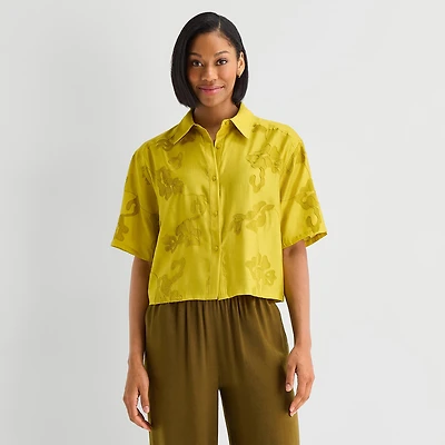 Worthington Womens Drop Shoulder Short Sleeve Regular Fit Button-Down Shirt