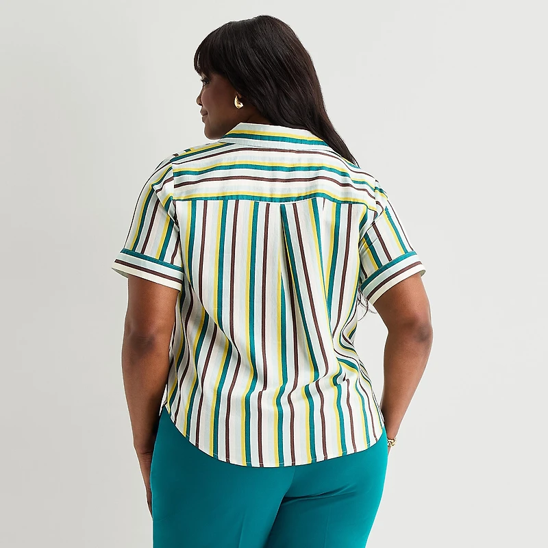 Worthington Womens Plus Cuffed Short Sleeve Slim Fit Button-Down Shirt