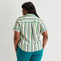 Worthington Womens Plus Cuffed Short Sleeve Slim Fit Button-Down Shirt