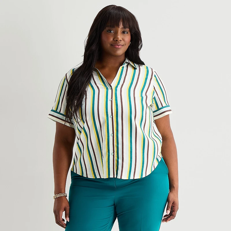 Worthington Womens Plus Cuffed Short Sleeve Slim Fit Button-Down Shirt