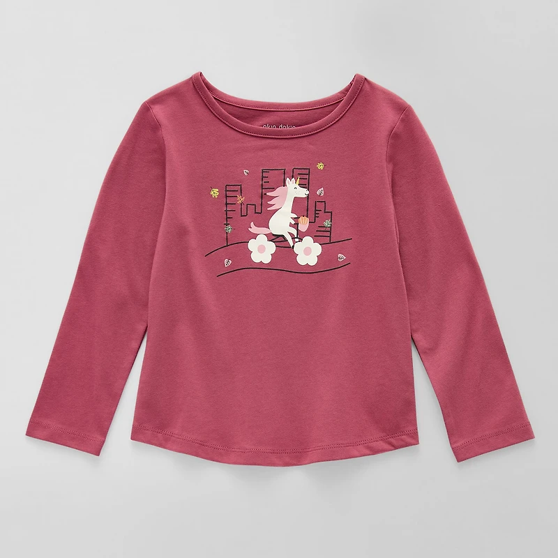 Okie Dokie Toddler & Little Girls Round Neck Long Sleeve Regular Fit Graphic T-Shirt