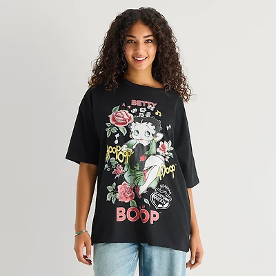 New World Womens Juniors Crew Neck Elbow Sleeve Oversized Betty Boop Graphic T-Shirt