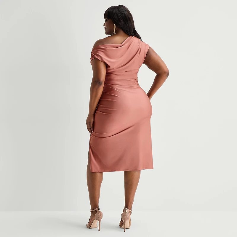 Premier Amour Womens Plus Midi Asymmetrical Neck Sleeveless Sheath Dress