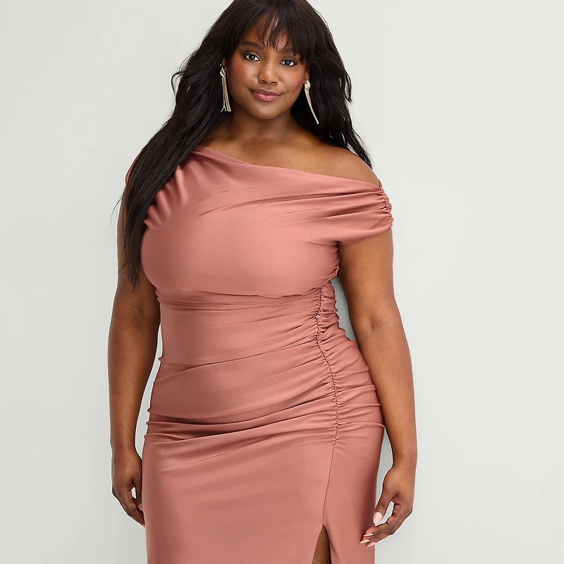 Premier Amour Womens Plus Midi Asymmetrical Neck Sleeveless Sheath Dress