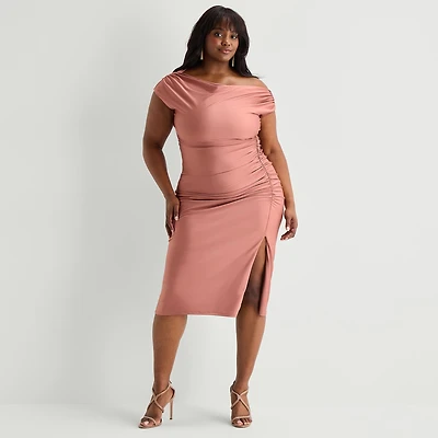 Premier Amour Womens Plus Midi Asymmetrical Neck Sleeveless Sheath Dress
