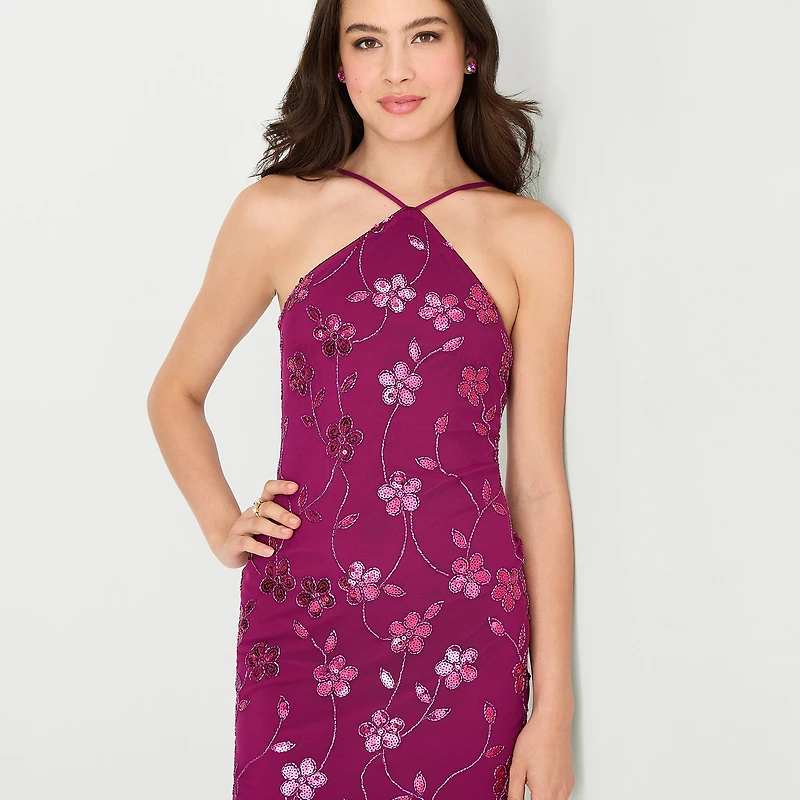 City Triangle Womens Juniors Halter Neck Sleeveless Embellished Embroidered Partially Lined Bodycon Dress
