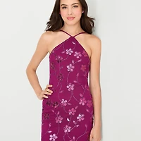 City Triangle Womens Juniors Halter Neck Sleeveless Embellished Embroidered Partially Lined Bodycon Dress