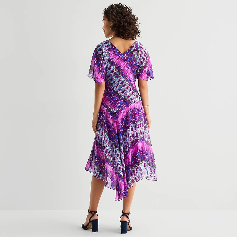 Rabbit Design Womens V Neck Short Sleeve Flutter Abstract Fit + Flare Dress