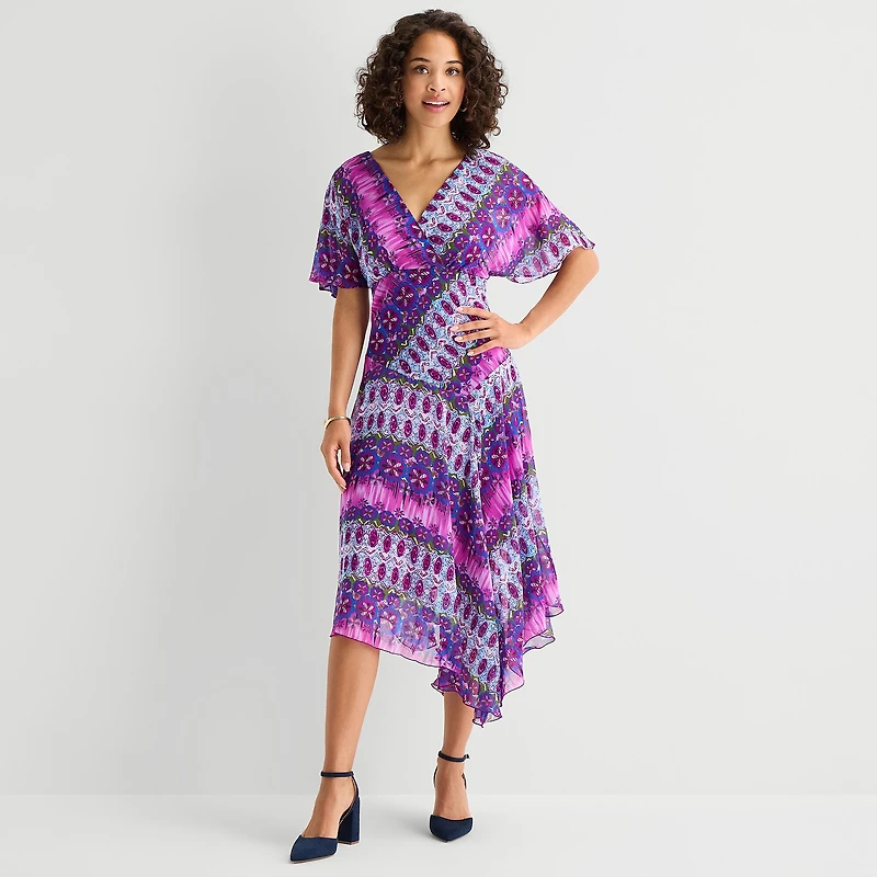 Rabbit Design Womens V Neck Short Sleeve Flutter Abstract Fit + Flare Dress
