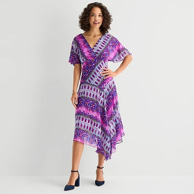 Rabbit Design Womens V Neck Short Sleeve Flutter Abstract Fit + Flare Dress
