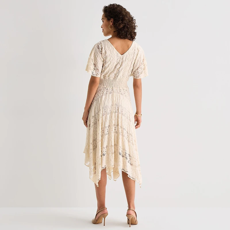 Rabbit Design Womens Midi V Neck Short Sleeve Flutter Fit + Flare Dress