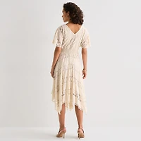 Rabbit Design Womens Midi V Neck Short Sleeve Flutter Fit + Flare Dress