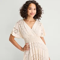 Rabbit Design Womens Midi V Neck Short Sleeve Flutter Fit + Flare Dress