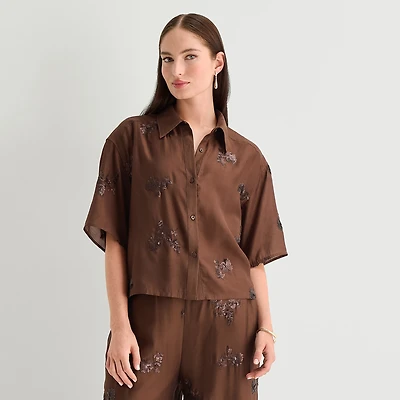 Worthington Womens Drop Shoulder Short Sleeve Regular Fit Button-Down Shirt