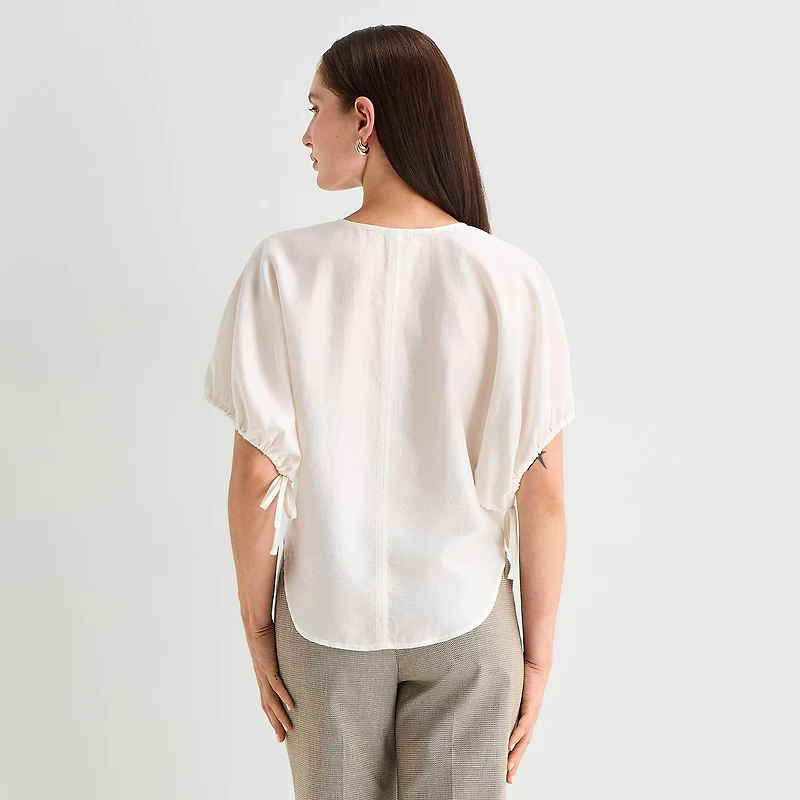 Worthington Womens Split Crew Neck Elbow Sleeve Blouse