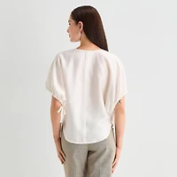 Worthington Womens Split Crew Neck Elbow Sleeve Blouse