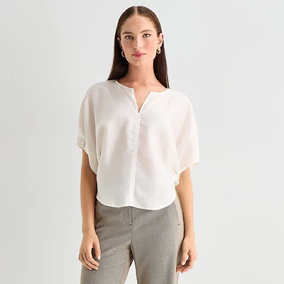 Worthington Womens Split Crew Neck Elbow Sleeve Blouse