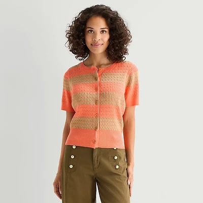 St. John's Bay Womens Split Crew Neck Short Sleeve Button Striped Cable Knit Cardigan