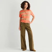 St. John's Bay Womens Split Crew Neck Short Sleeve Button Striped Cable Knit Cardigan