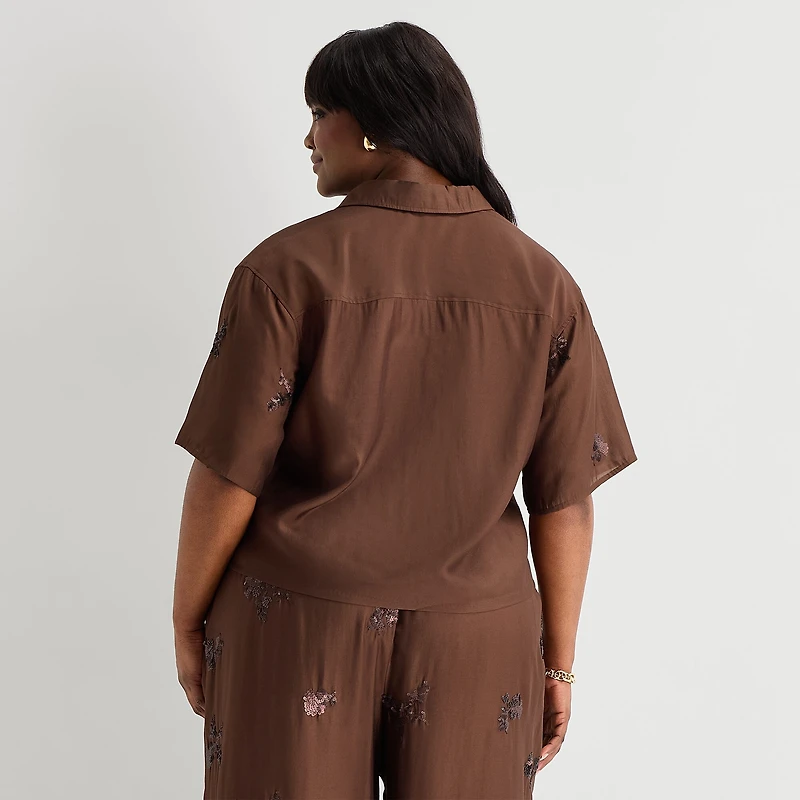Worthington Womens Plus Drop Shoulder Short Sleeve Regular Fit Button-Down Shirt