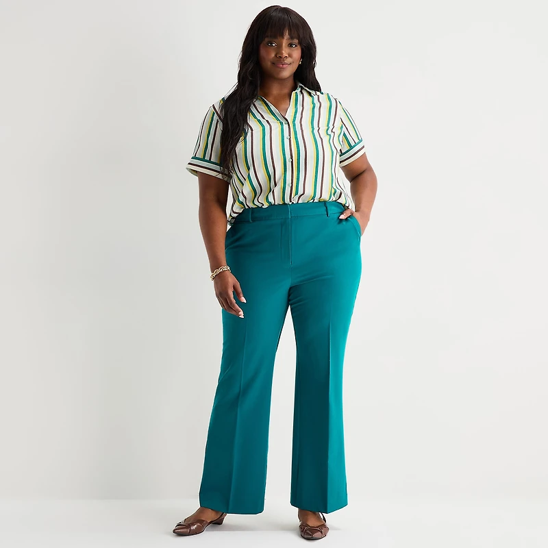Worthington Womens Plus Cuffed Short Sleeve Slim Fit Button-Down Shirt