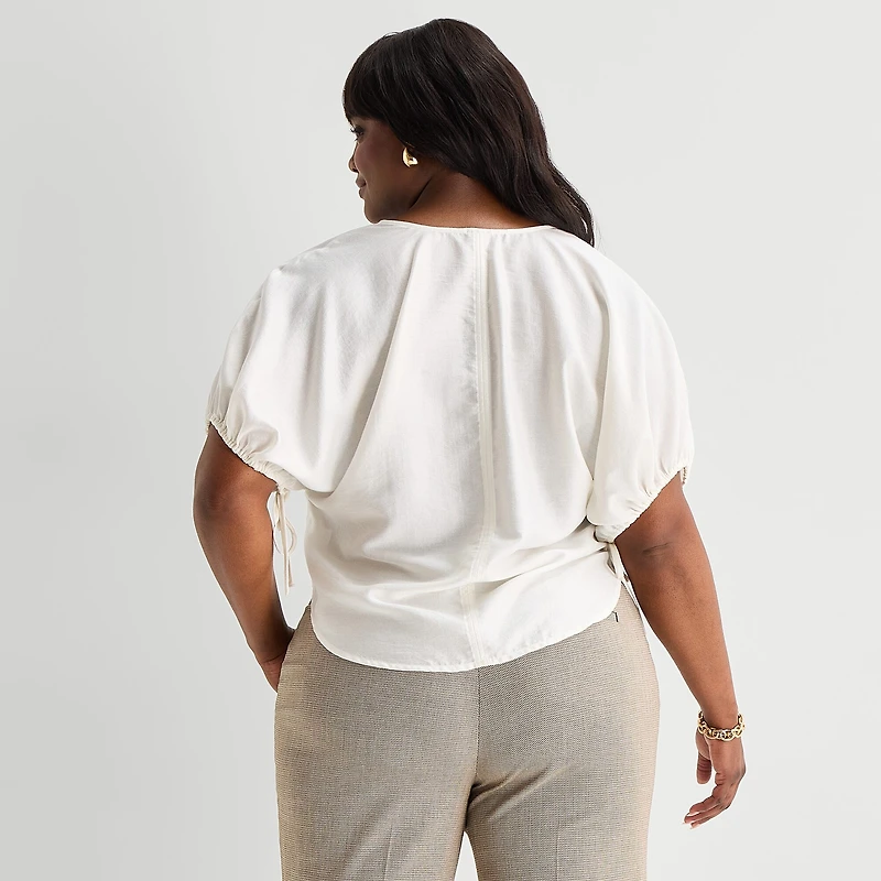 Worthington Womens Plus Split Crew Neck Elbow Sleeve Blouse
