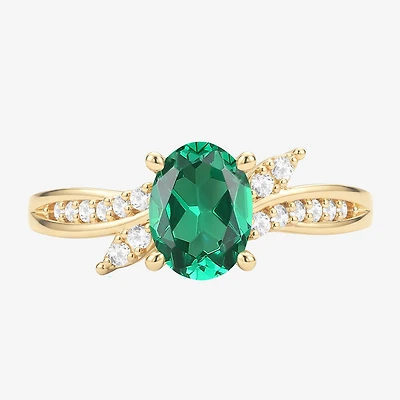 Womens Lab Created Green Emerald 14K Gold Over Silver Oval Side Stone Cocktail Ring