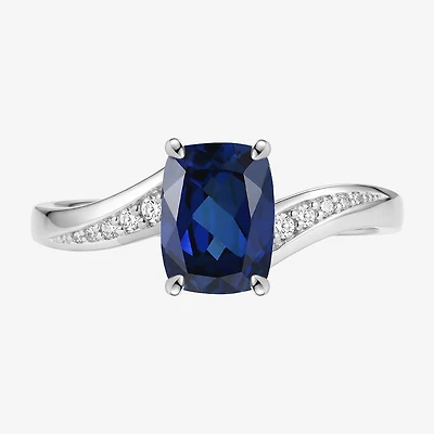 Womens Lab Created Blue Sapphire Sterling Silver Cushion Side Stone Cocktail Ring
