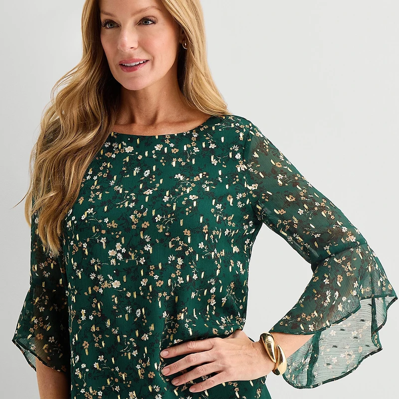 Black Label by Evan-Picone Womens Boat Neck 3/4 Sleeve Blouse