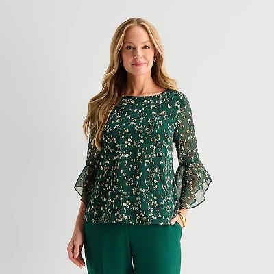 Black Label by Evan-Picone Womens Boat Neck 3/4 Sleeve Blouse