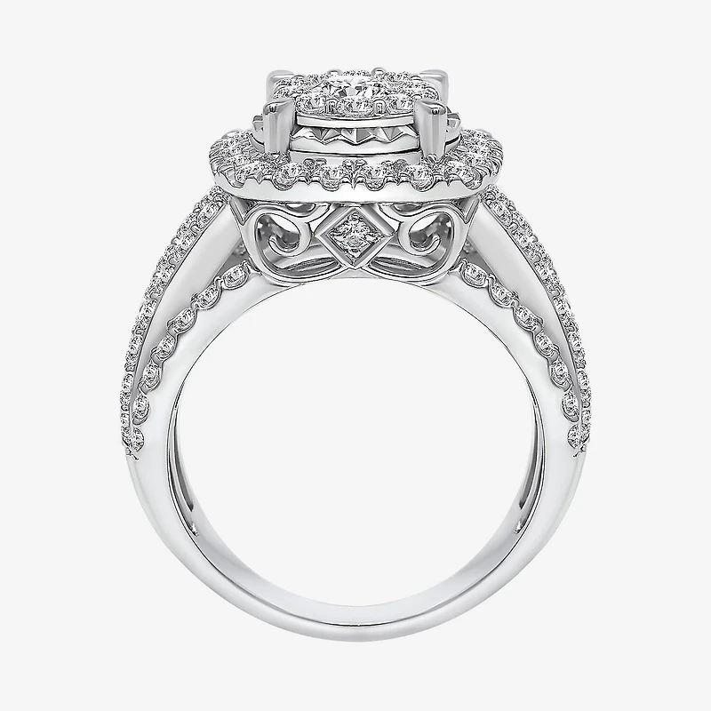 (I / I1) Womens 3 CT. T.W. Lab Grown White Diamond 10K Gold Cushion Side Stone Halo Engagement Ring