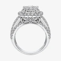 (I / I1) Womens 3 CT. T.W. Lab Grown White Diamond 10K Gold Cushion Side Stone Halo Engagement Ring