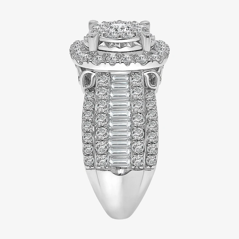 (I / I1) Womens 3 CT. T.W. Lab Grown White Diamond 10K Gold Cushion Side Stone Halo Engagement Ring