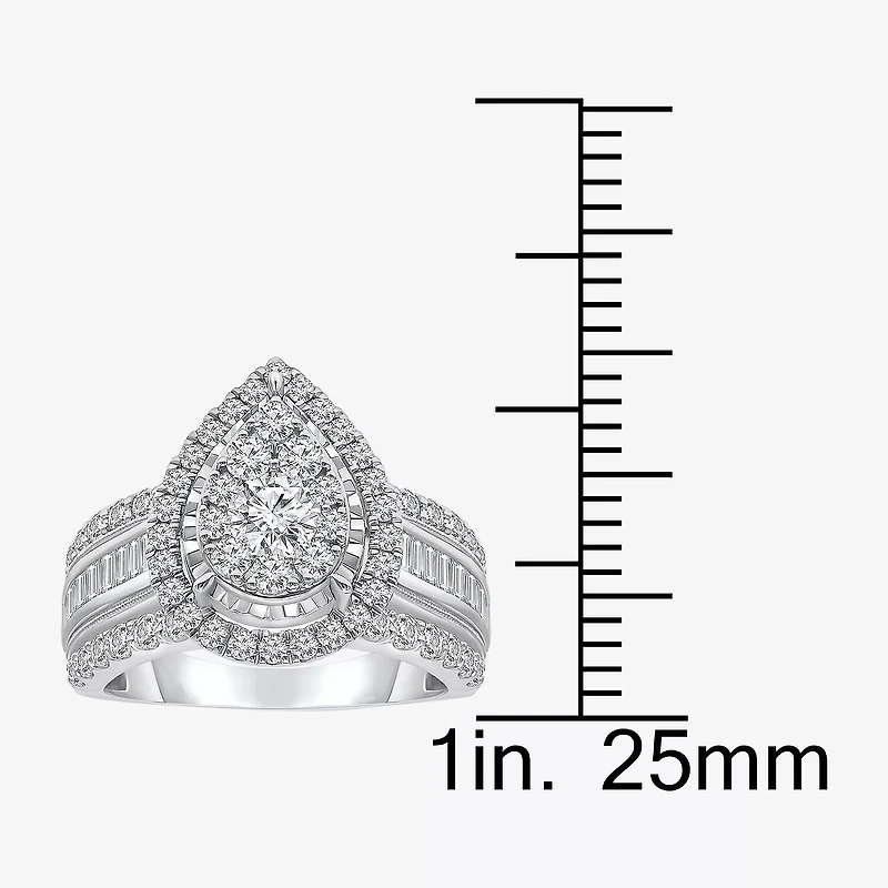 (I / I1) Womens 2 CT. T.W. Lab Grown White Diamond 10K Gold Pear Side Stone Engagement Ring