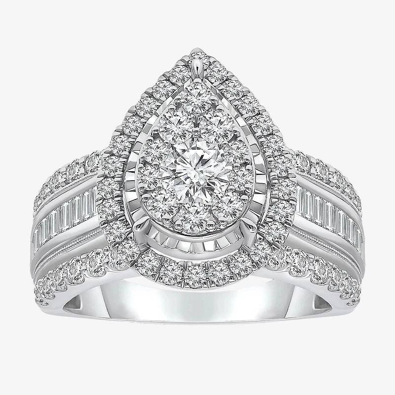 (I / I1) Womens 2 CT. T.W. Lab Grown White Diamond 10K Gold Pear Side Stone Engagement Ring