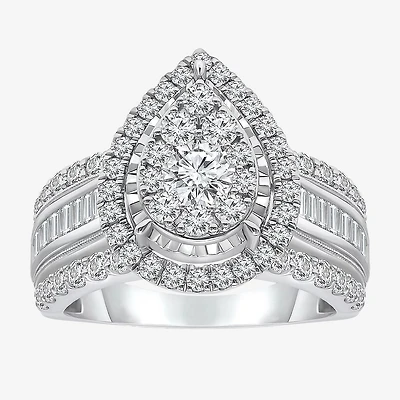(I / I1) Womens 2 CT. T.W. Lab Grown White Diamond 10K Gold Pear Side Stone Engagement Ring