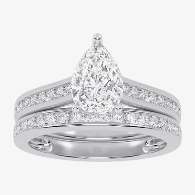 (G / Vs2-Si1) Womens 1 1/2 CT. T.W. Lab Grown White Diamond 10K Gold Pear Side Stone Bridal Set